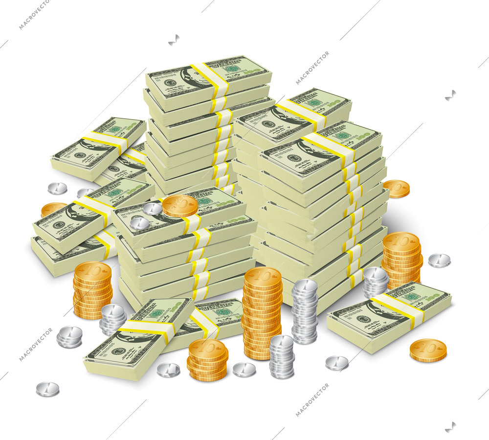 Realistic 3d dollar cash banknotes stack money and coins tower concept vector illustration