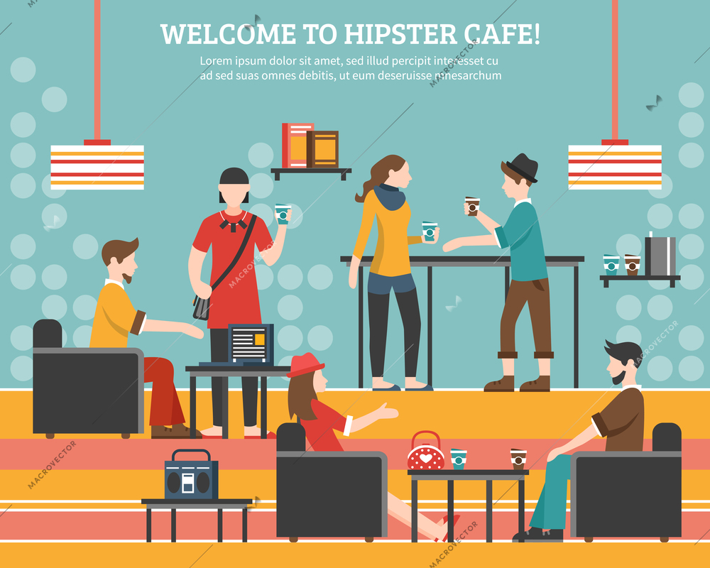 Hipster flat vector illustration with young people in street slothes communicating in cafe decorated in retro style