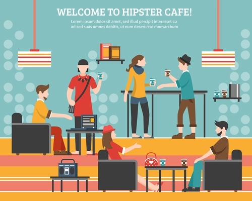 Hipster flat vector illustration with young people in street slothes communicating in cafe decorated in retro style