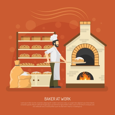 Male baker working in bakery with bread on shelves flat vector illustration