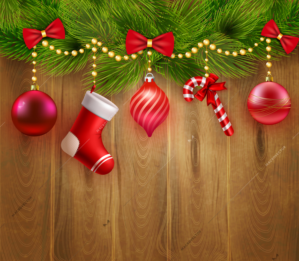 Christmas festive template with green fir twigs red balls candy sock bows on wooden background vector illustration