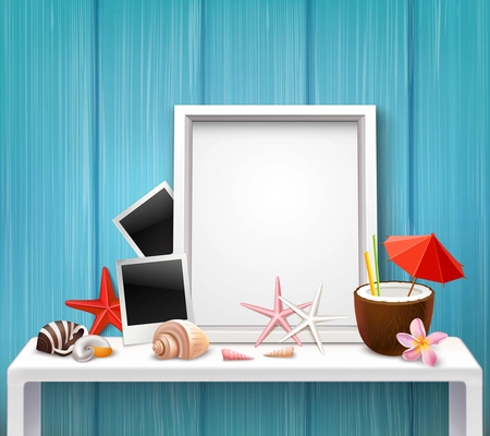 Realistic blank frame template with photographies shells cocktail starfishes in nautical style vector illustration