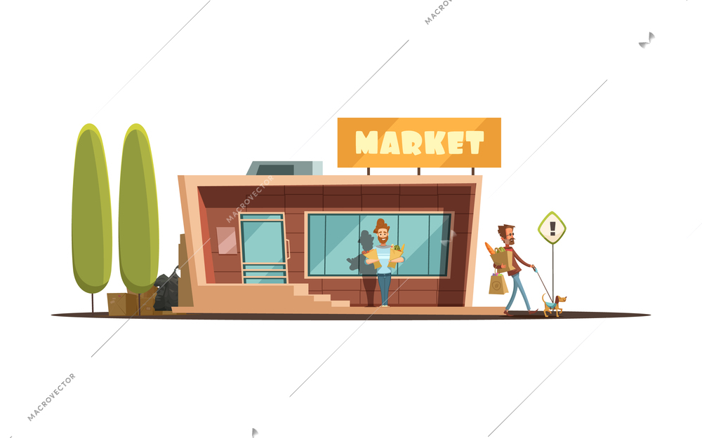 Local market building with customer trees and dog cartoon vector illustration