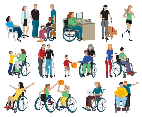 Disabled people icons set with wheelchair and sports symbols flat isolated vector illustration