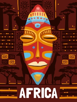 Colorful tribal ethnic mask template on african background with animals isolated vector illustration