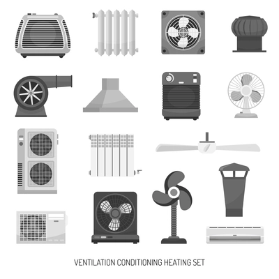 Monochrome ventilation conditioning and heating equipment set isolated on white background flat vector illustration