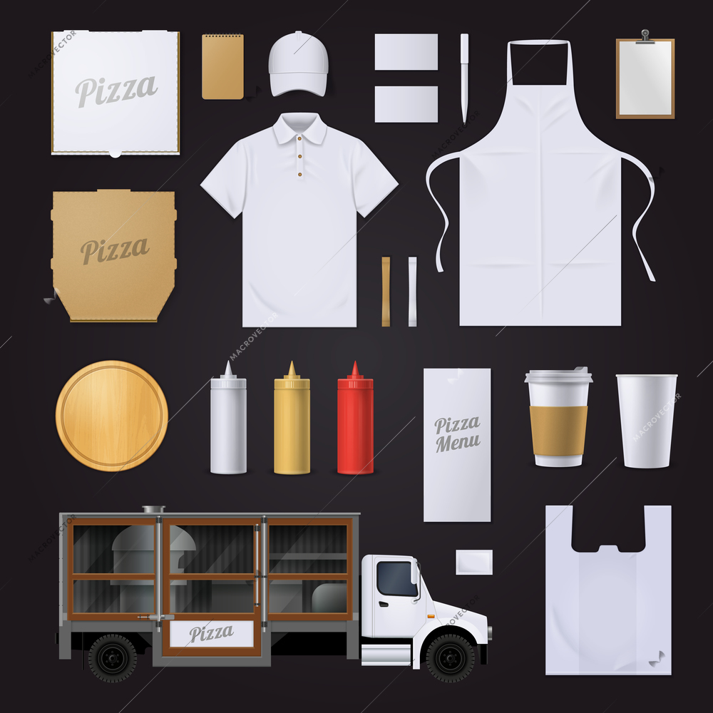 Fast food pizza restaurant visual corporate identity blank template items collection with baseball cup black background vector illustration