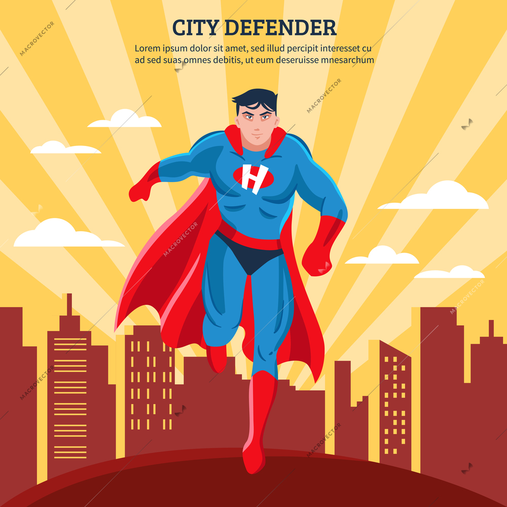 City defender flat vector illustration of superhero with red mantle soaring above town buildings in sunlight