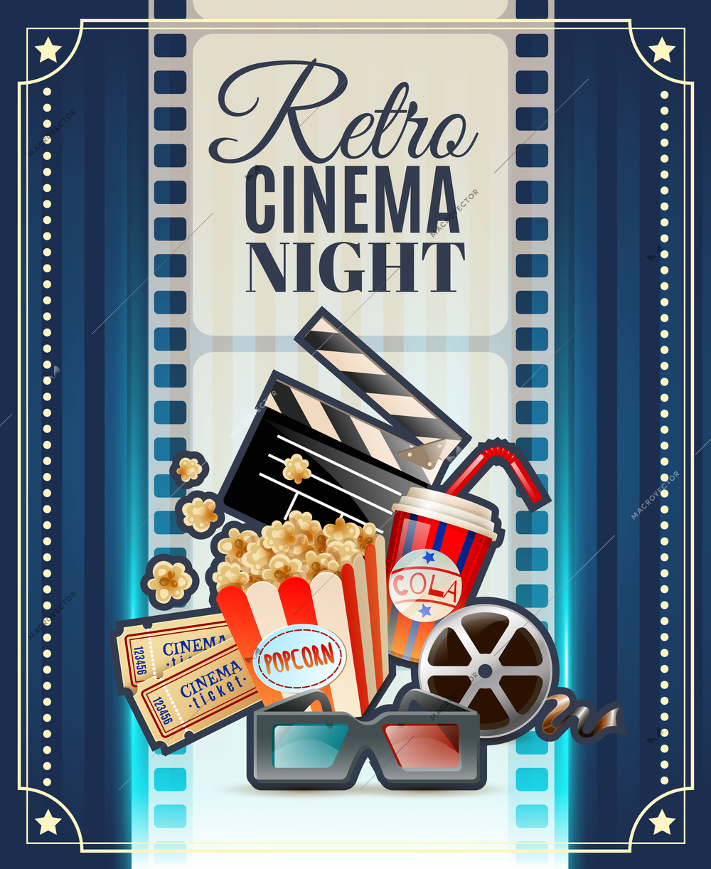 Retro cinema club night invitation poster  with movie theater tickets 3d glasses and popcorn snack vector illustration