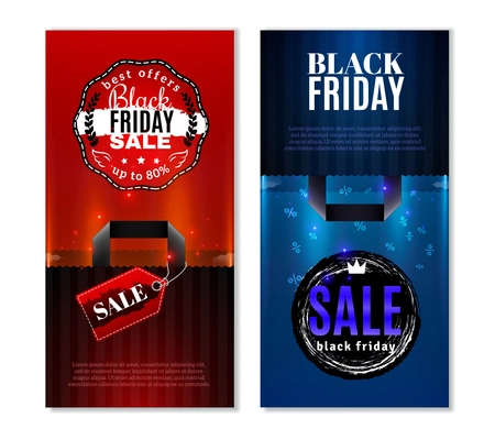 Black friday sale vertical banners with shopping bags and labels in red and blue colors vector illustration