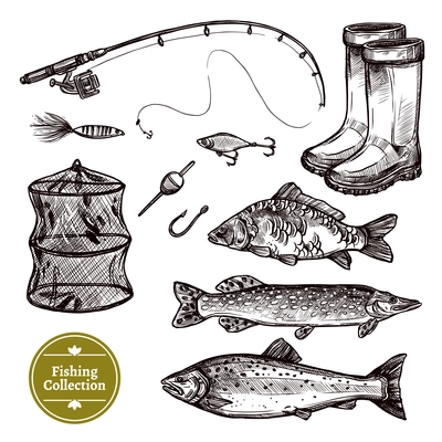 Fishing Sketch Set Isolated Vector Illustration