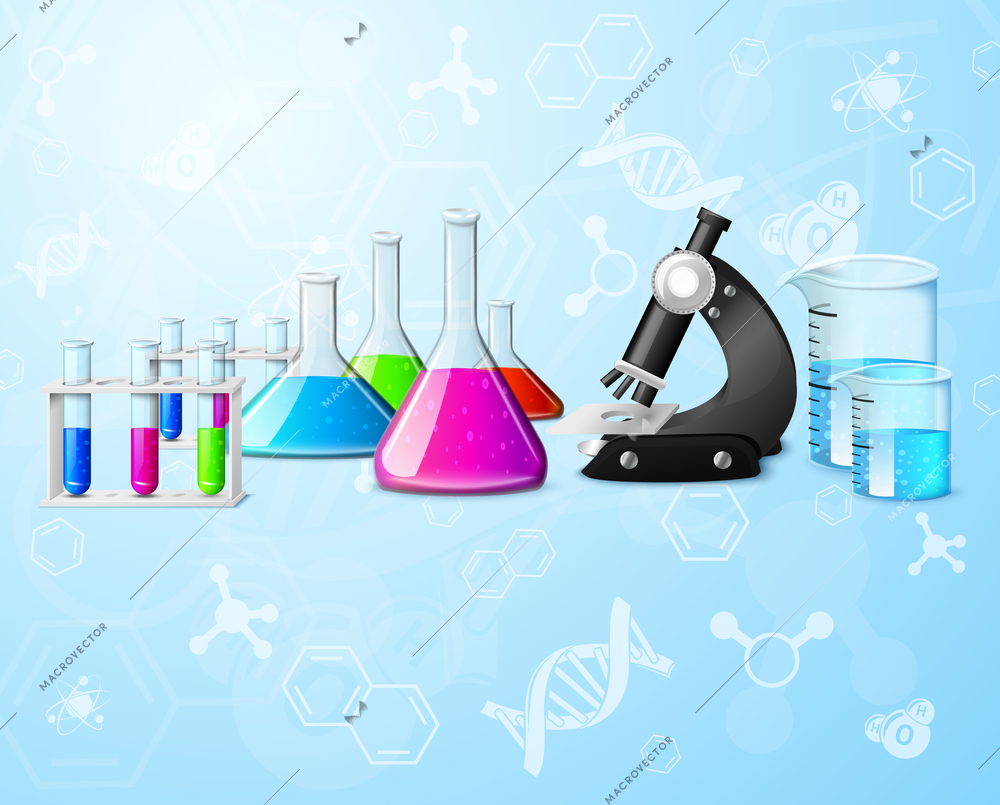 Scientific chemistry physics research education laboratory equipment elements on formulas background vector illustration