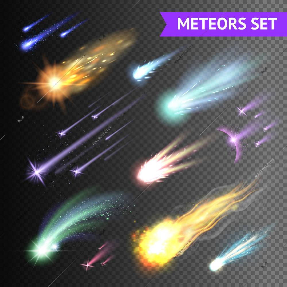 Light effects collection with comets meteors and fireballs isolated on transparent background vector illustration