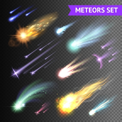 Light effects collection with comets meteors and fireballs isolated on transparent background vector illustration