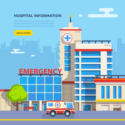 Hospital building and emergency car on cityscape background flat vector illustration