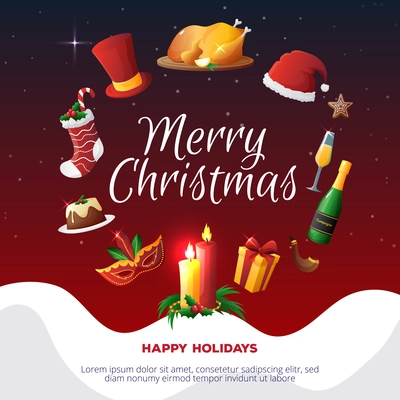 Colorful christmas party card with congratulations holiday dinner and decorations flat vector illustration