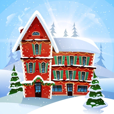 Christmas vector illustration with fabulous snowy red cottage at winter landscape and firs flat vector illustration