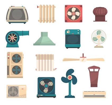 Colorful flat set of ventilation conditioning and heating system equipment isolated vector illustration