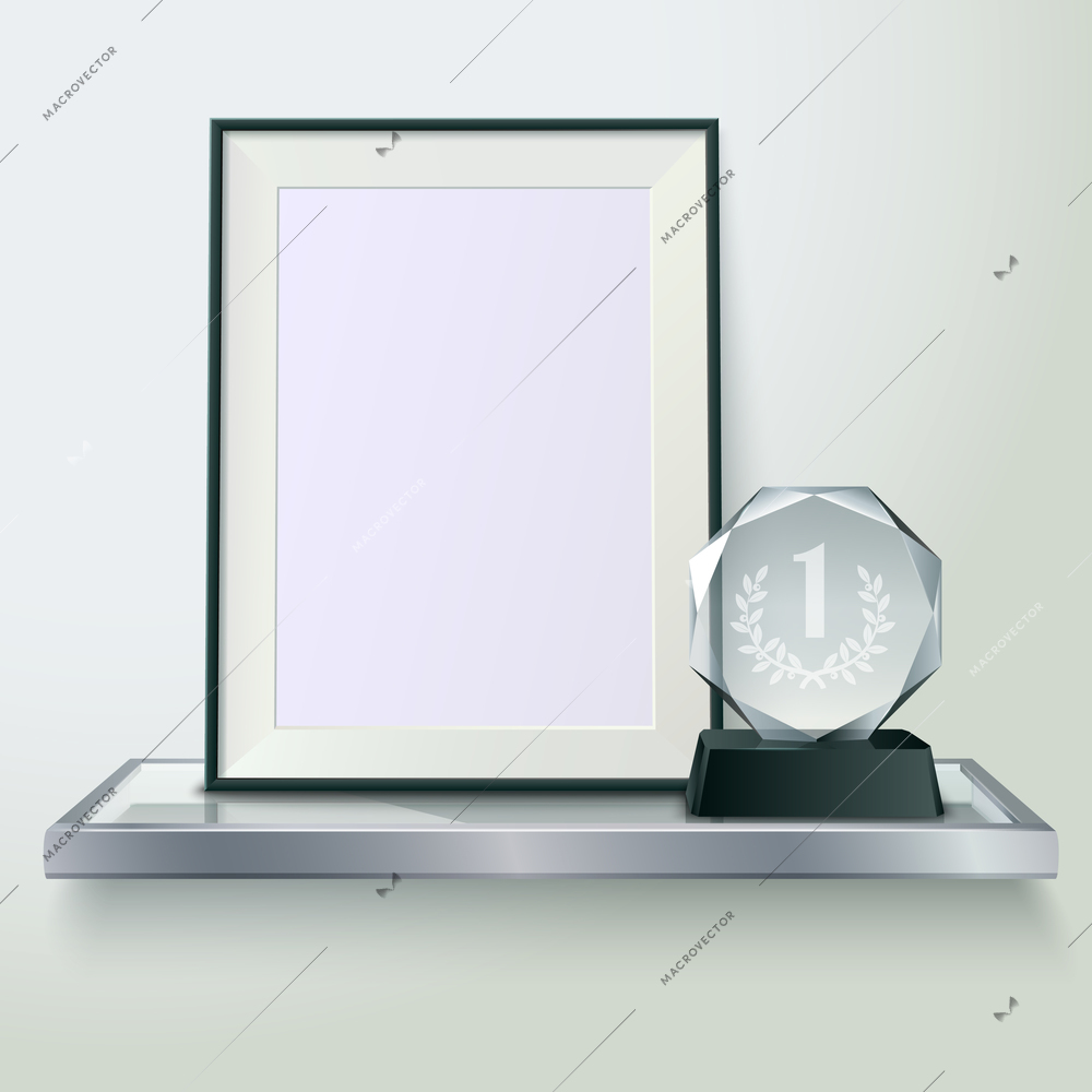 Faceted round crystal glass winner trophy and photo frame on shelf realistic side view composition vector illustration