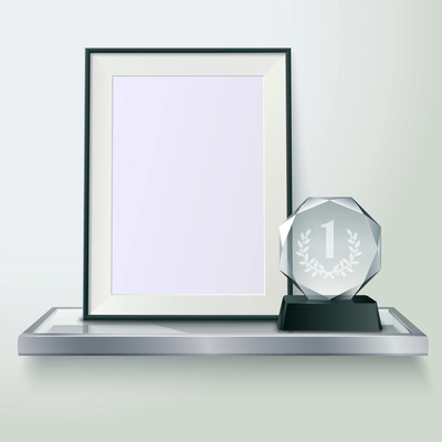 Faceted round crystal glass winner trophy and photo frame on shelf realistic side view composition vector illustration