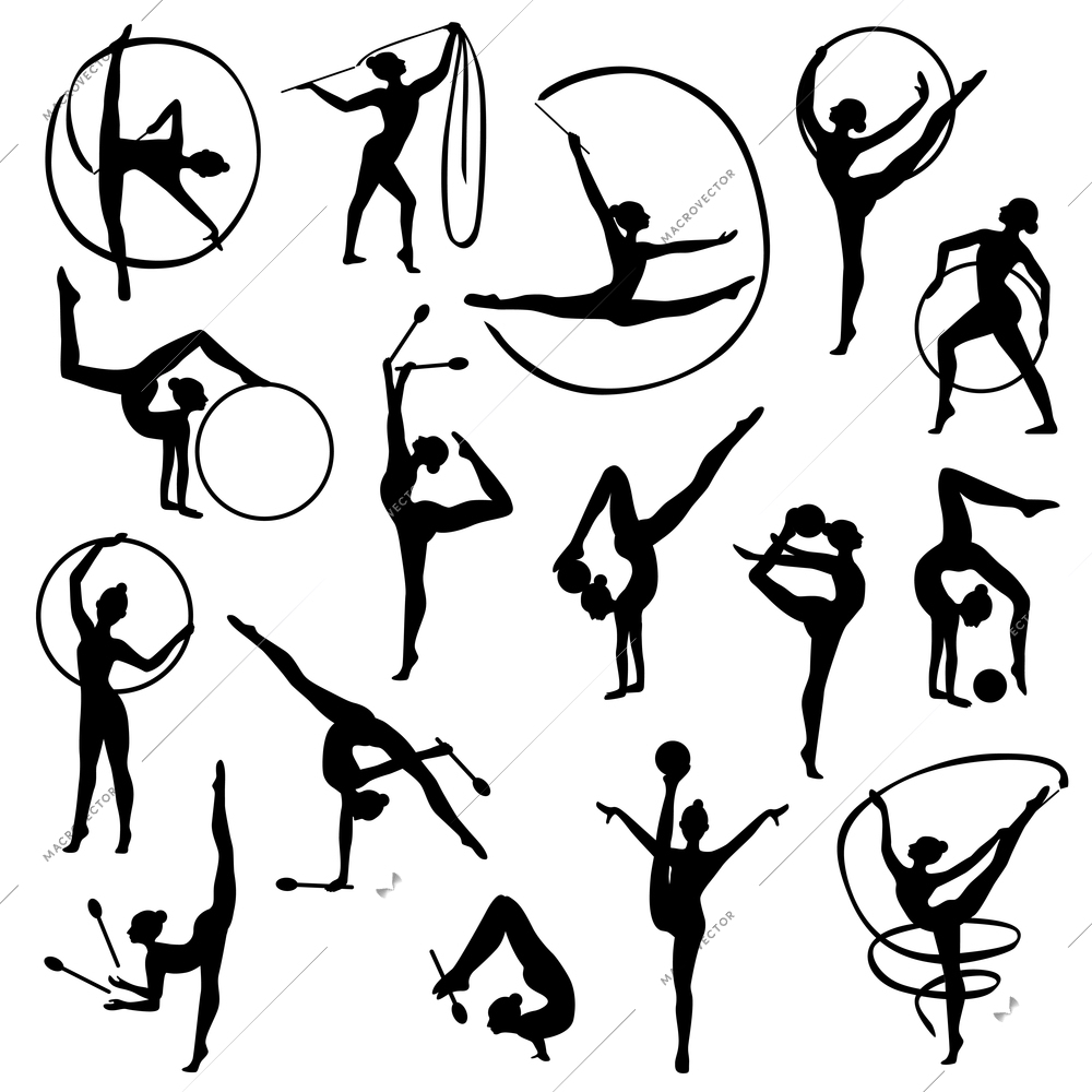 Set of black silhouettes of gymnast female figures with balls and tapes on white background isolated vector illustration