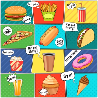 Fast food comic panels icons composition page with speech balloons and colorful backgrounds advertisement poster vector illustration