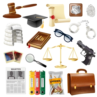 Law and justice objects symbols collection  with attorney briefcase handgun crime evidence and balance isolated vector illustration