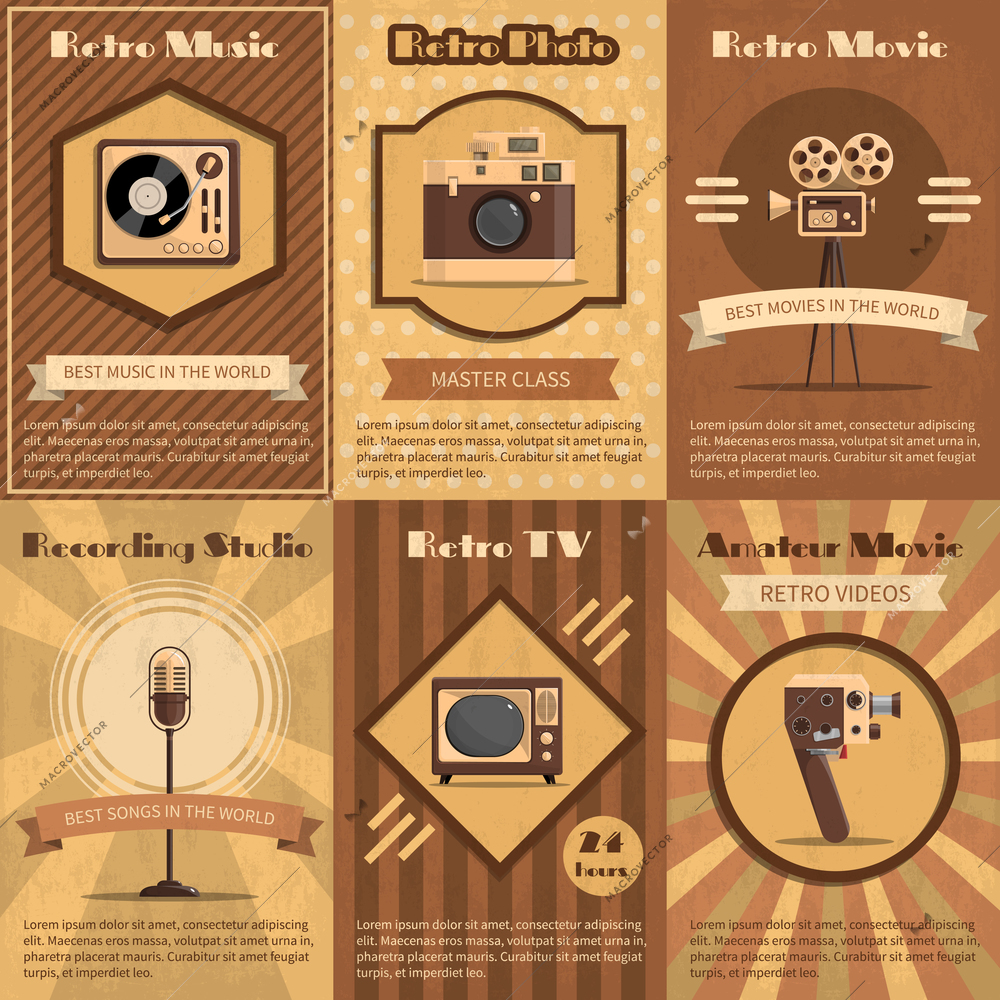 Retro poster set with vintage music radio and tv devices in brown tones vector illustration