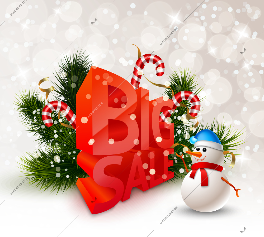 Festive winter big sale poster with snowman fir branches candies on light background vector illustration