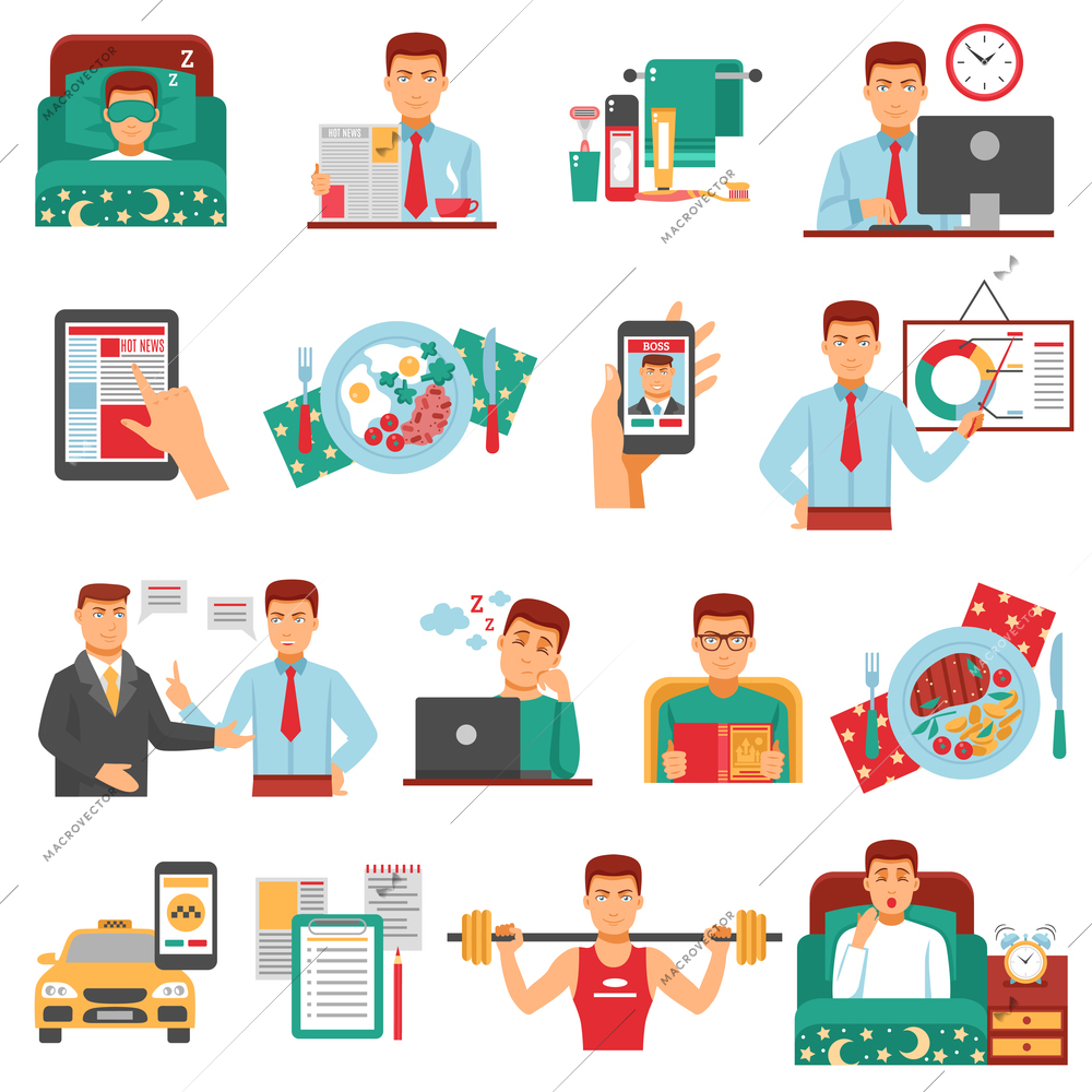 Man daily routine icon set with a busy man during the day dream sports food work for example vector illustration