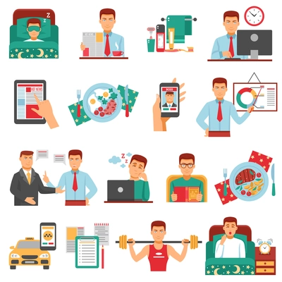 Man daily routine icon set with a busy man during the day dream sports food work for example vector illustration