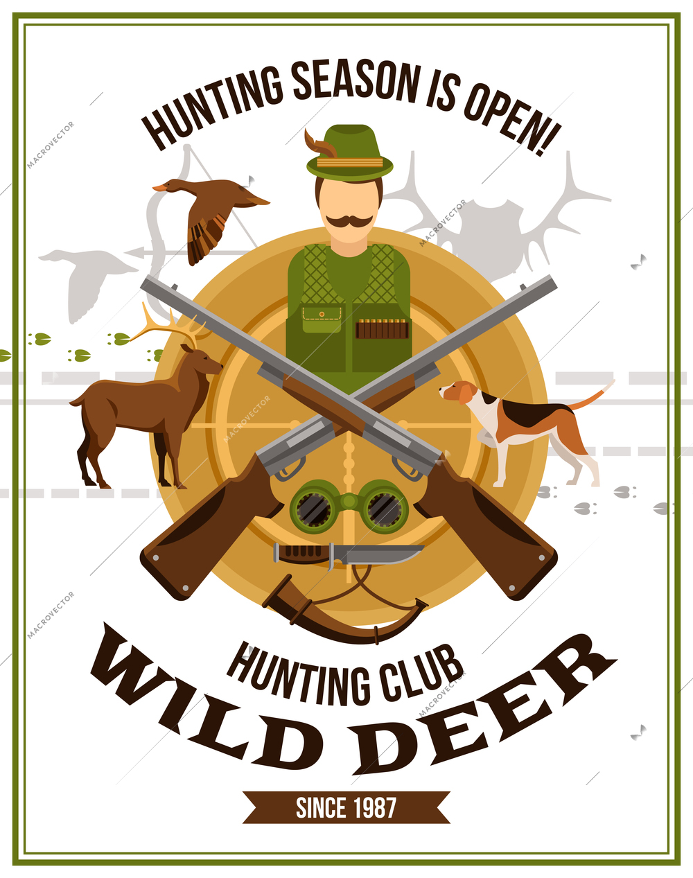 Shooting hunting poster with hunter guns binoculars horn knife dog deer and duck vector illustration
