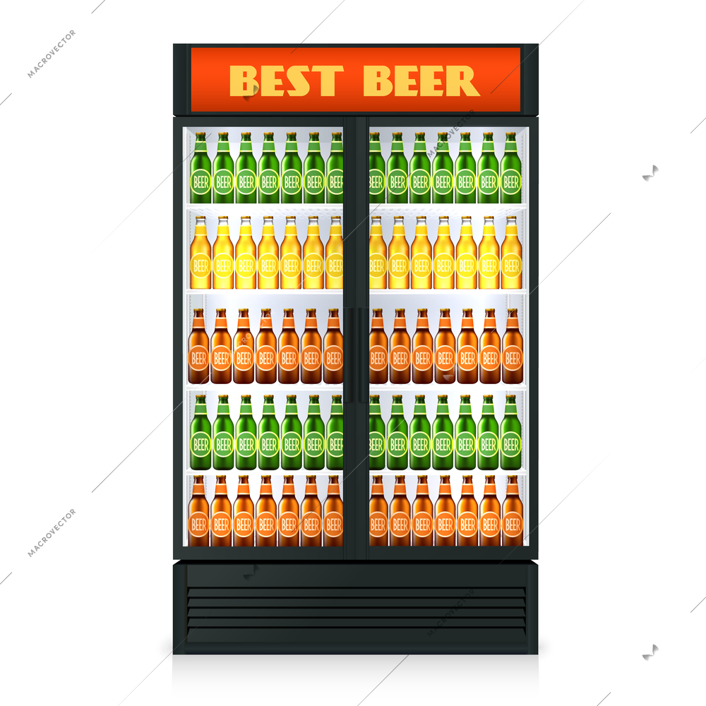 Realistic vertical freezer with transparent closed door and alcoholic drinks isolated vector illustration