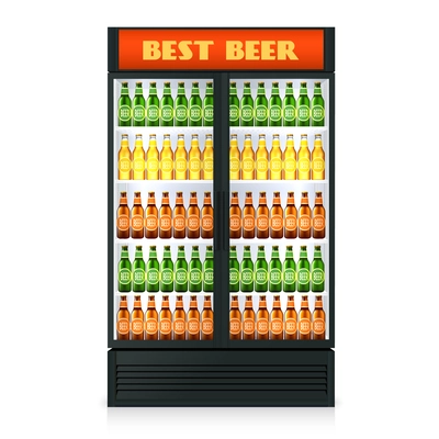 Realistic vertical freezer with transparent closed door and alcoholic drinks isolated vector illustration