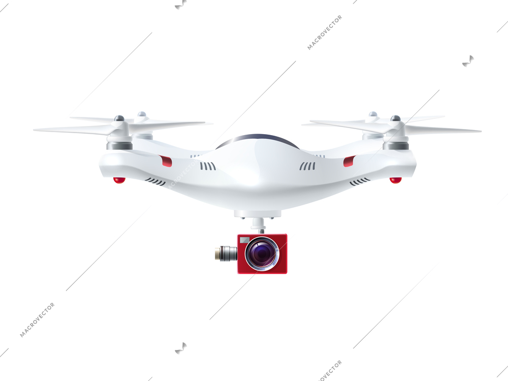 Single white drone with red camera for photography or video surveillance in realistic style isolated vector illustration