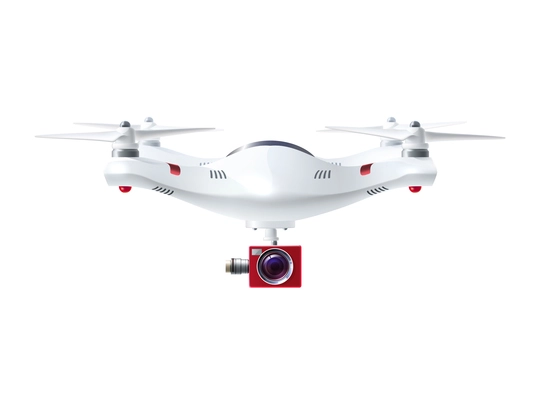 Single white drone with red camera for photography or video surveillance in realistic style isolated vector illustration