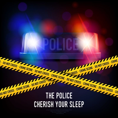 Police crime scene with yellow tape red and blue flashing siren realistic vector illustration