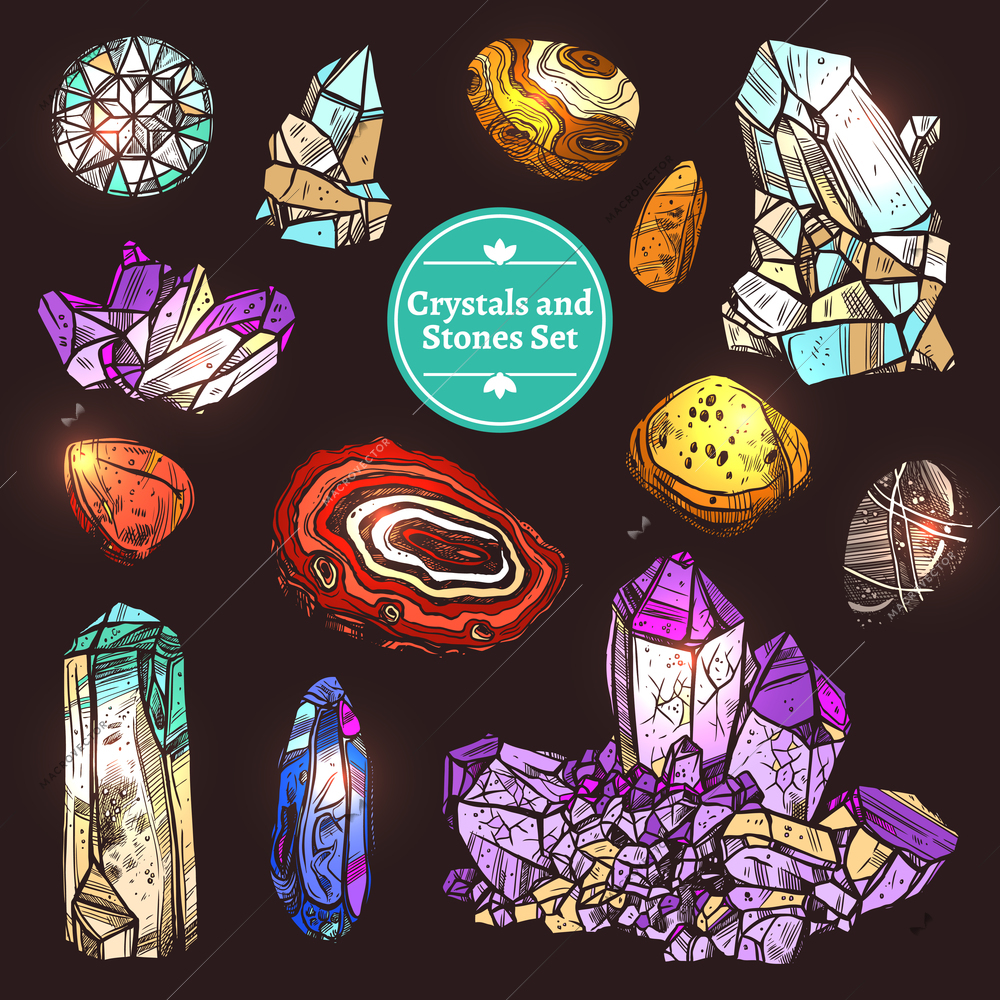 Decorative color icons set of different stones crystal rocks with black background vector illustration