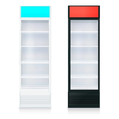 Upright empty fridges template with glass door and shelves on white background isolated vector illustration