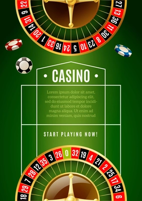 Casino online promotion poster with roulette wheel and chips with classical green game table background vector illustration