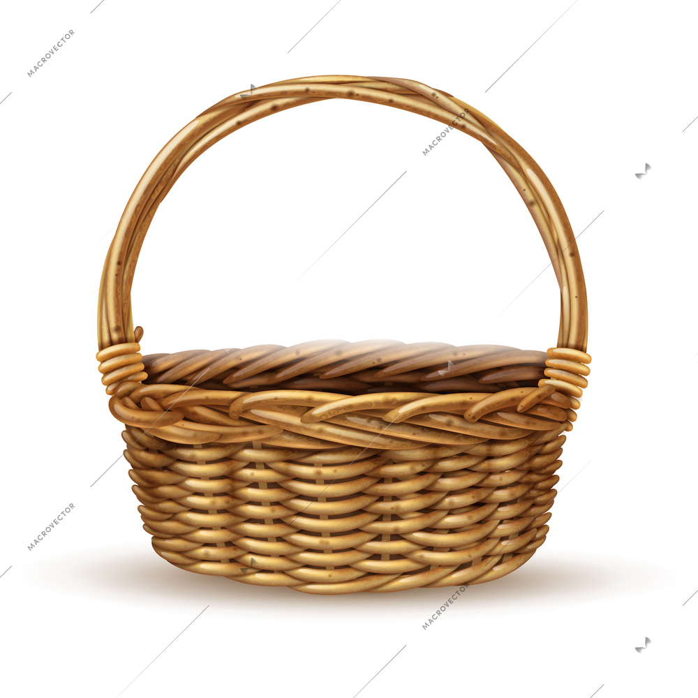 Traditional country style willow peasant basket with handle close-up side view with shadow realistic vector illustration