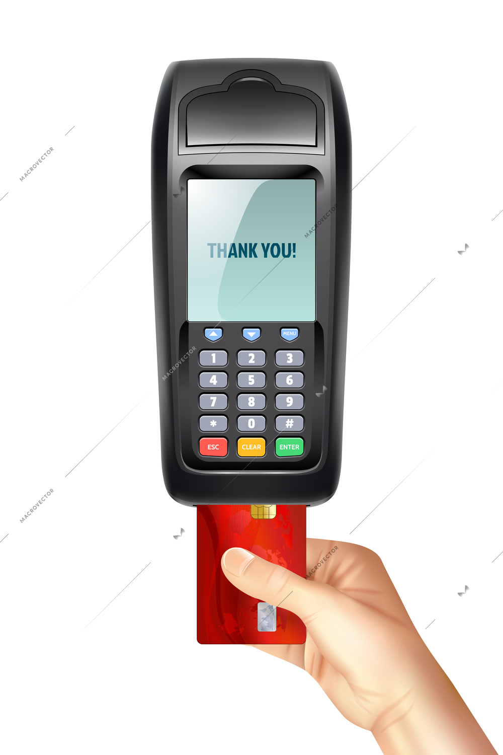 Payment terminal with inserted credit card on white background design concept in realistic style vector illustration