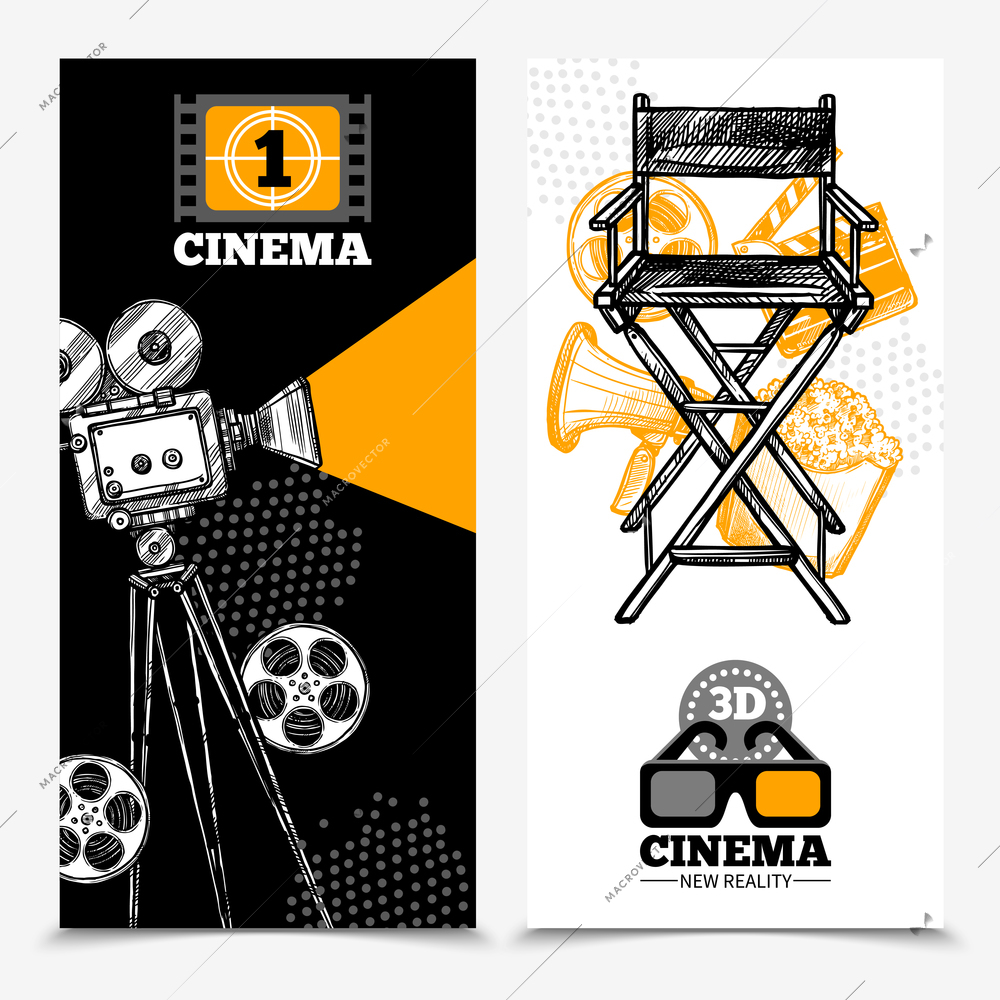 Cinema vertical banners with camera tape  director chair and 3d glasses vector illustration