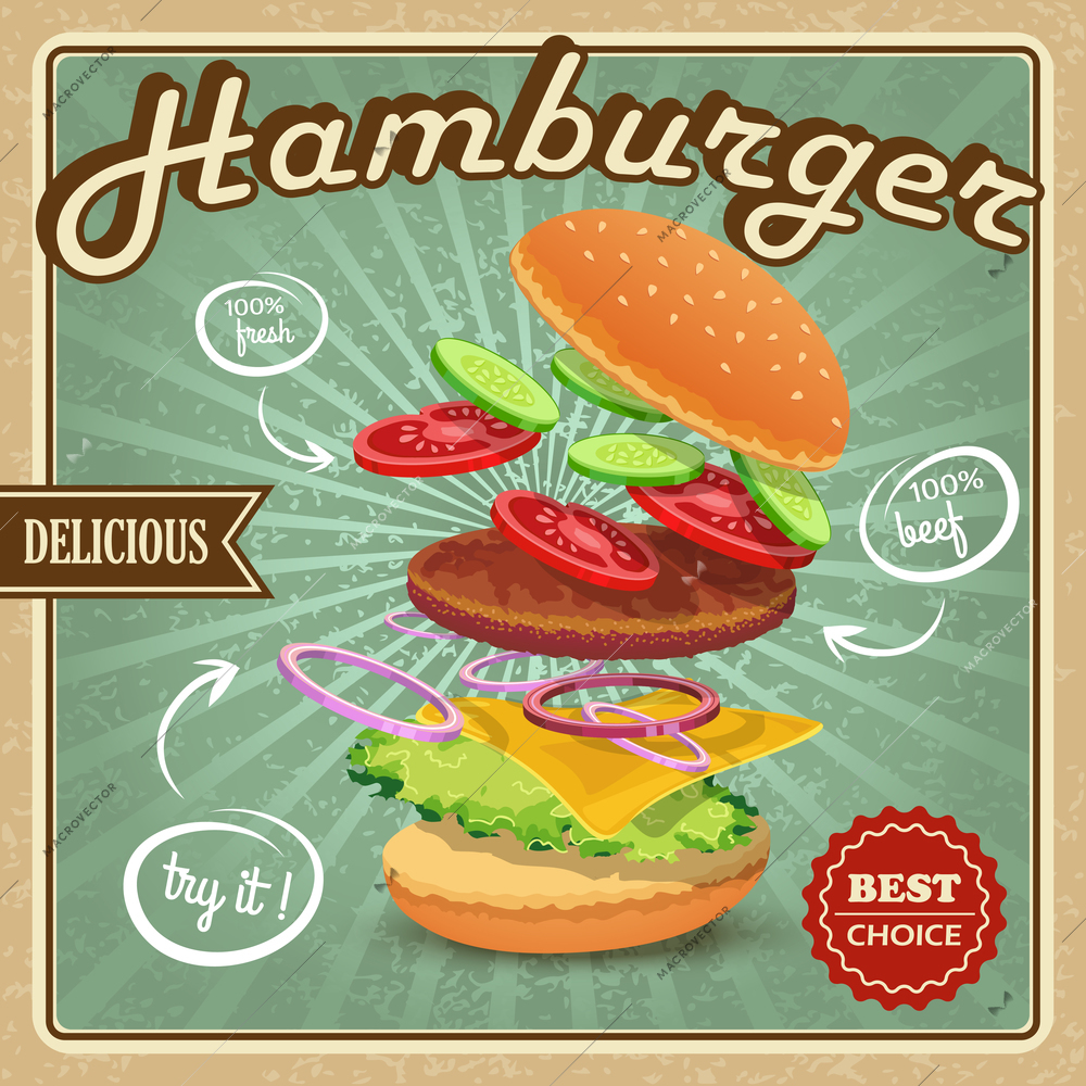 Delicious best choice retro hamburger food fresh ingredients poster vector illustration