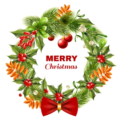 Christmas decoration wreath with berries green and orange leaves and red bow on white background vector illustration
