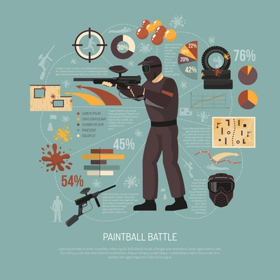 Paintball player battle results and game stuff flat vector illustration