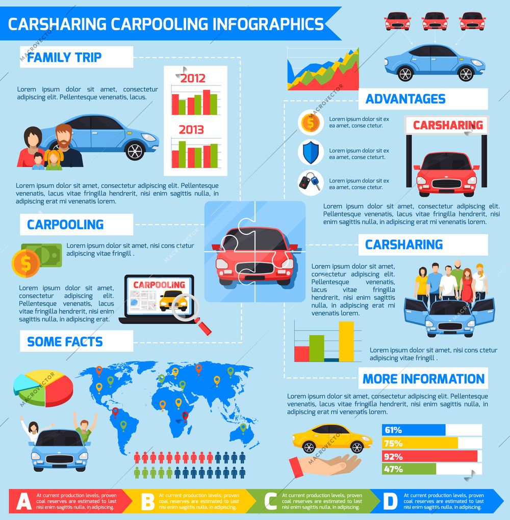 Carsharing carpooling infographics with advantages diagrams vehicles and colorful elements in flat style vector illustration