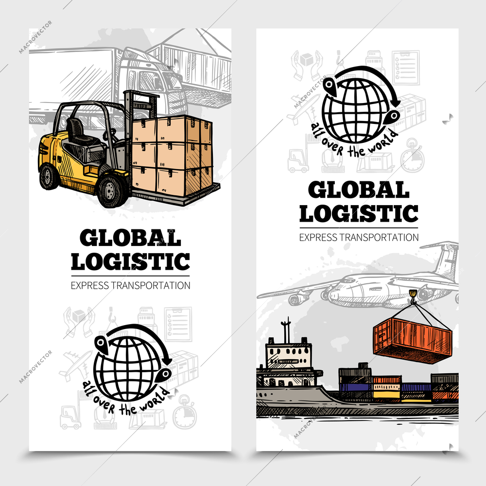 Global logistics vertical banners with land sea air vehicles and delivery icons vector illustration