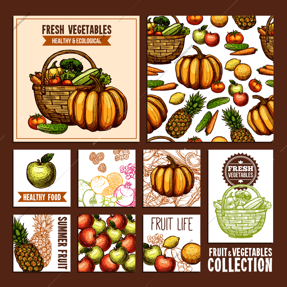 Fruits And vegetables cards for useful and healthy nutrition in retro style vector illustration