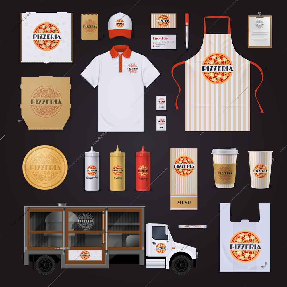 Fast food restaurants chain corporate identity templates set with pepperoni pizza design on black background vector illustration